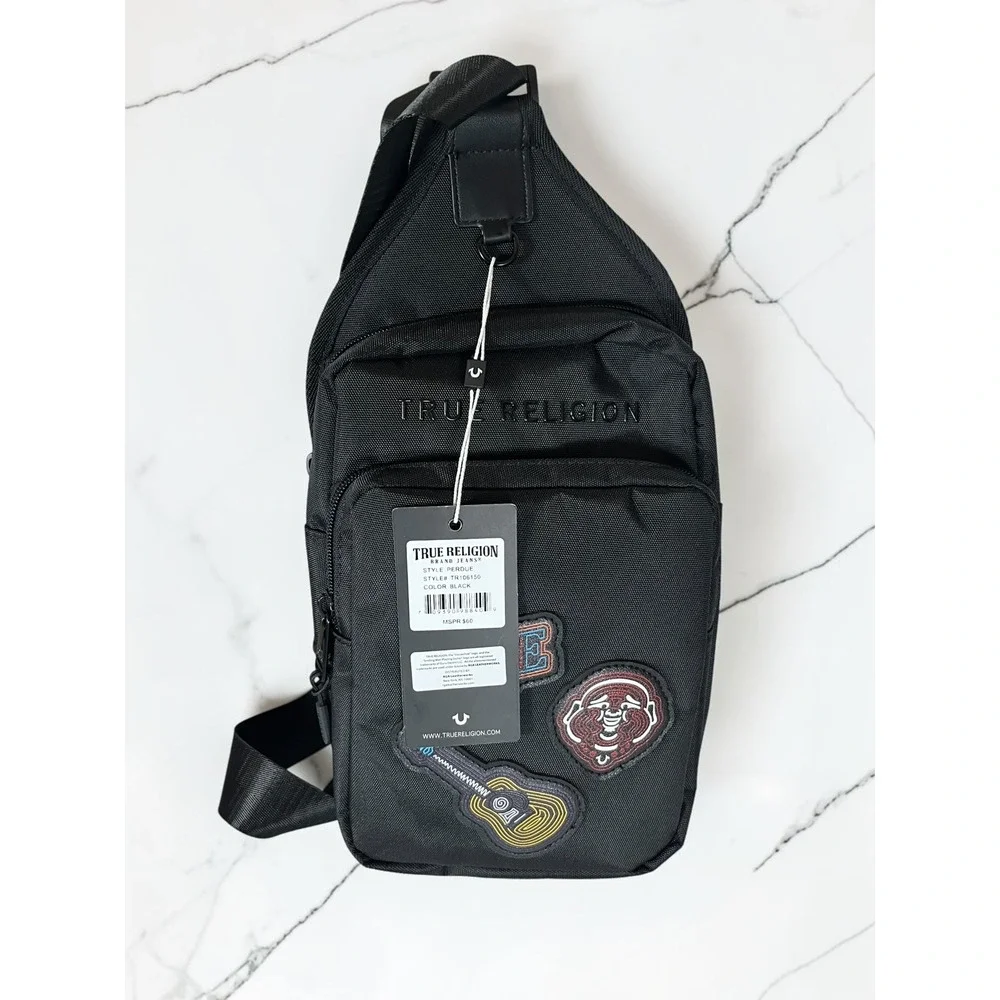True Religion Perdue Black Patch Sling Crossbody Bag Adjustable Strap NWT